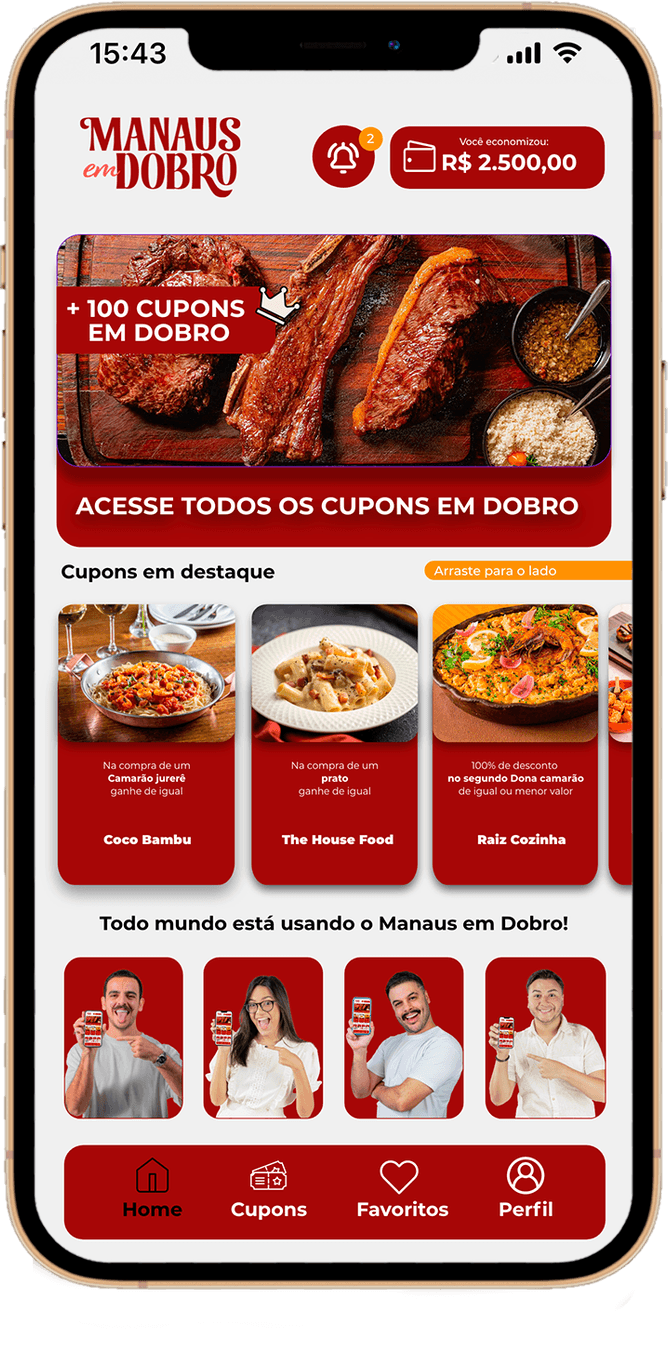 App Manaus em Dobro: tela inicial, mapa interativo e lista de cupons